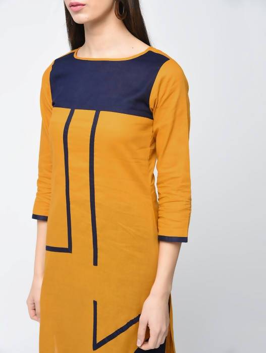 Aniyah Cotton Color Block Straight Kurta In Mustard Color (AN-102K) - Swadesiicart