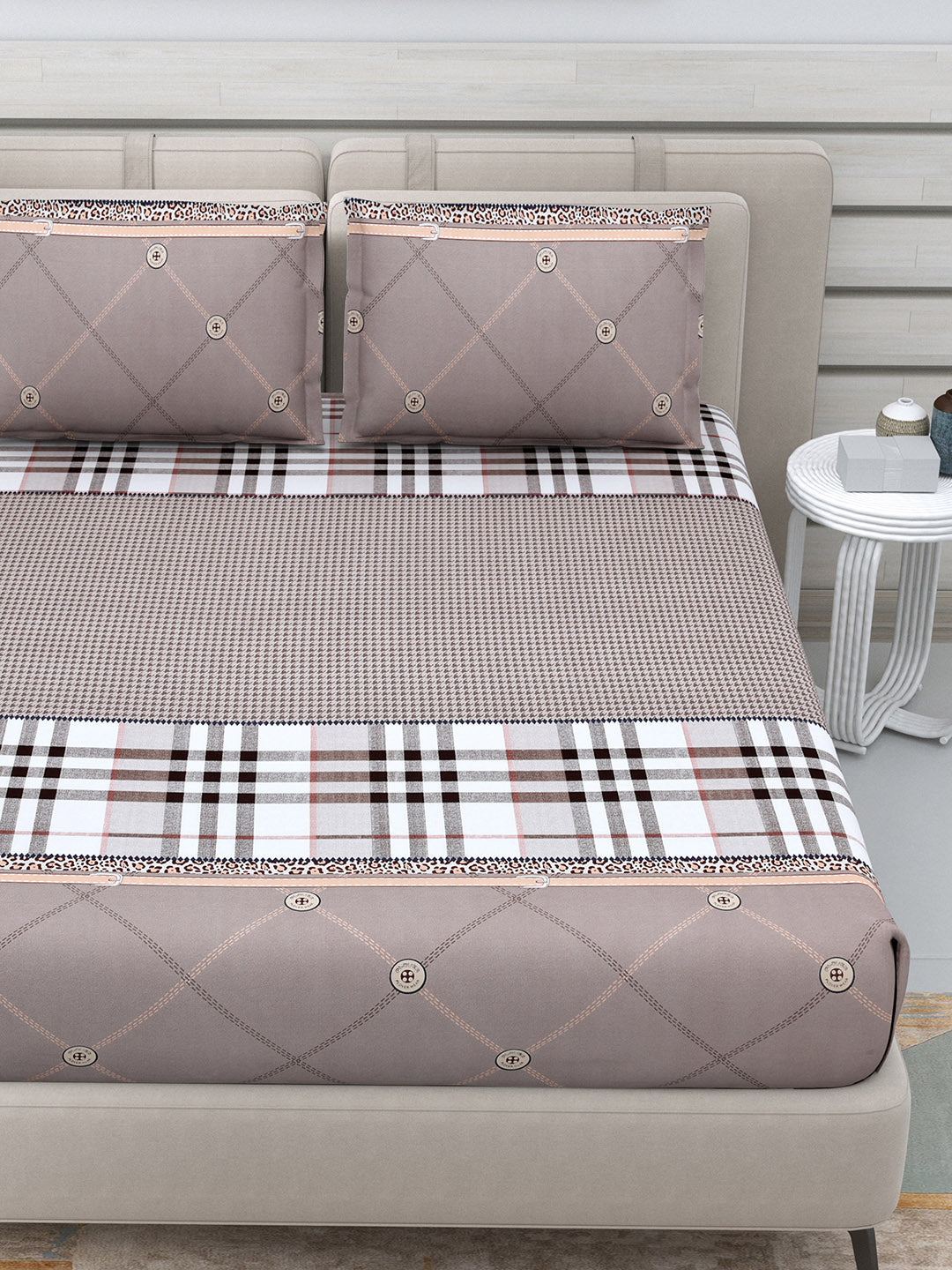 DREAM WEAVERZ Beige Checked 220 TC Glazed Cotton Bedsheet with Pillow Covers - Swadesiicart