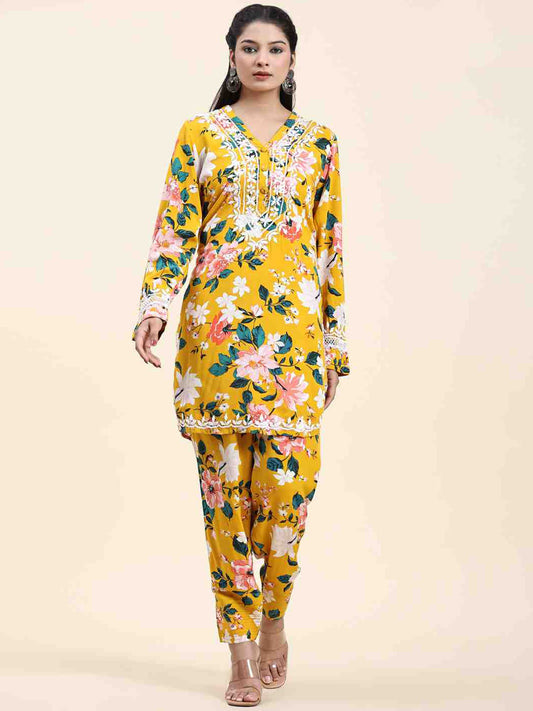 HOUSE OF KARI Floral Printed Chikankari Regular Straight Pure Cotton Kurta with Trousers | Swadesiicart