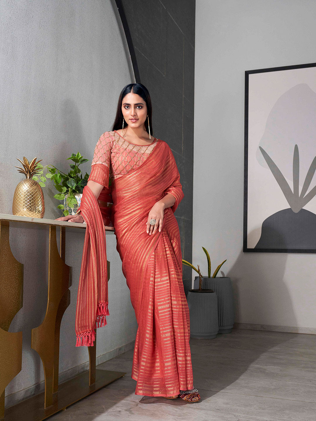 Tikhi Imli Striped Chiffon Ready to Wear Saree | Swadesiicart