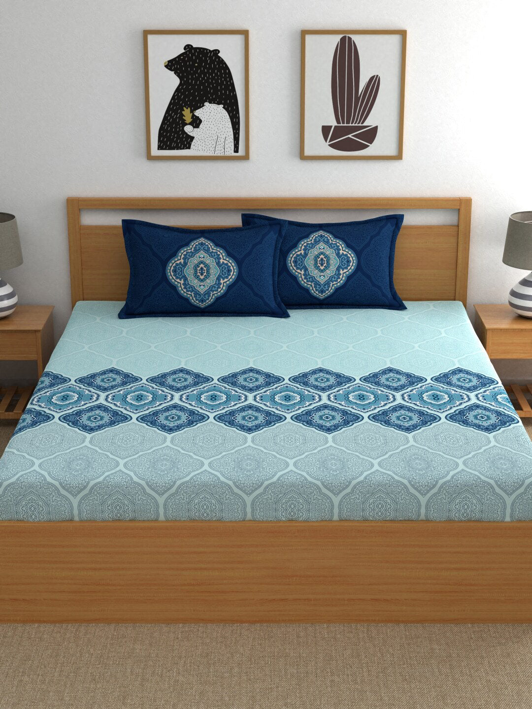 Dreamscape Blue Ethnic Motifs 140 TC Fitted Cotton King Bedsheet & Pillow Covers - Swadesiicart