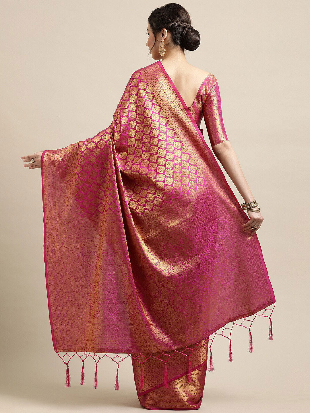 Saree Mall Pink & Gold-Toned Woven Design Zari Silk Blend Banarasi Saree | Swadesiicart