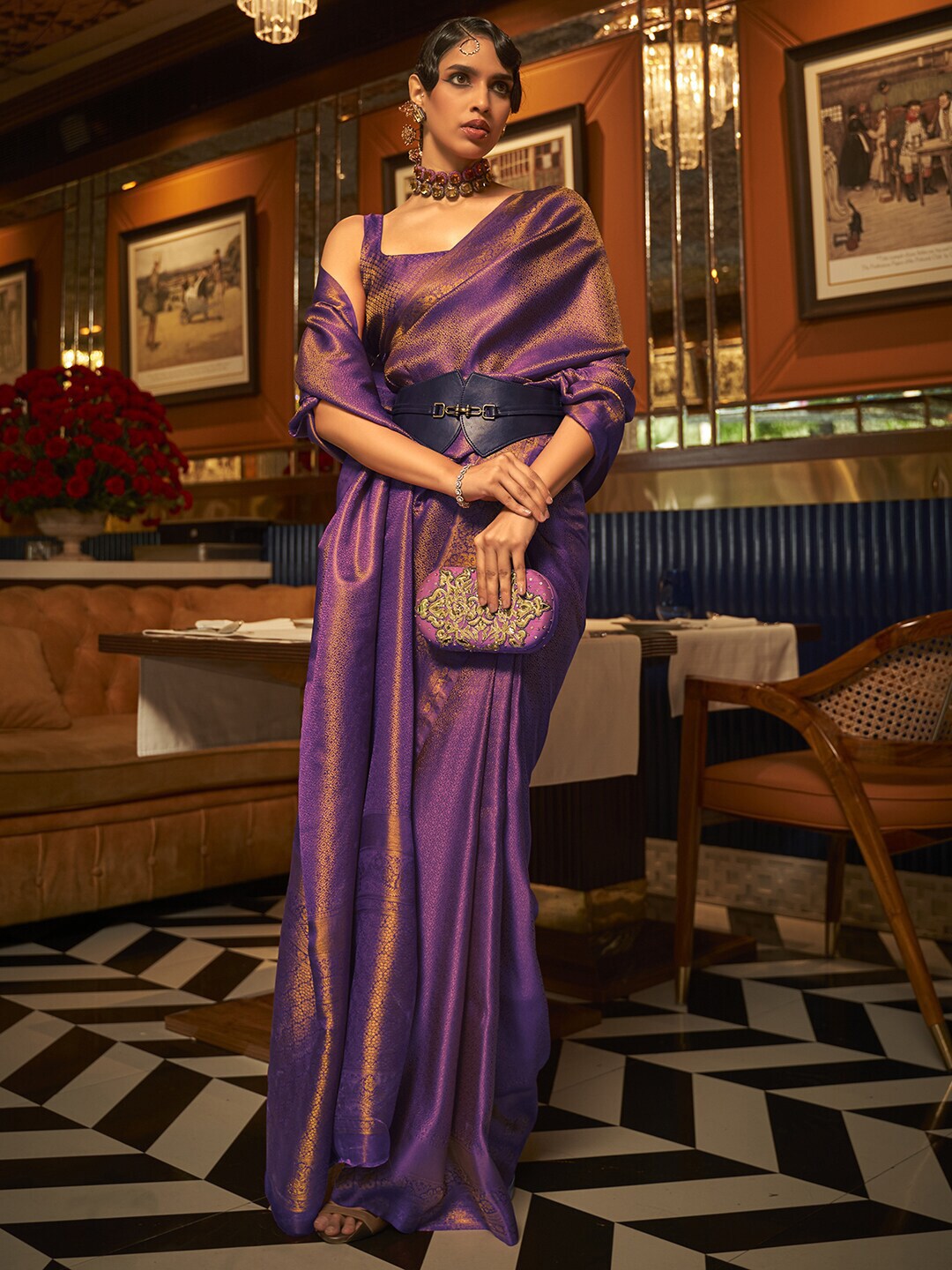 Mitera Purple & Gold-Toned Ethnic Motifs Zari Banarasi Saree | Swadesiicart