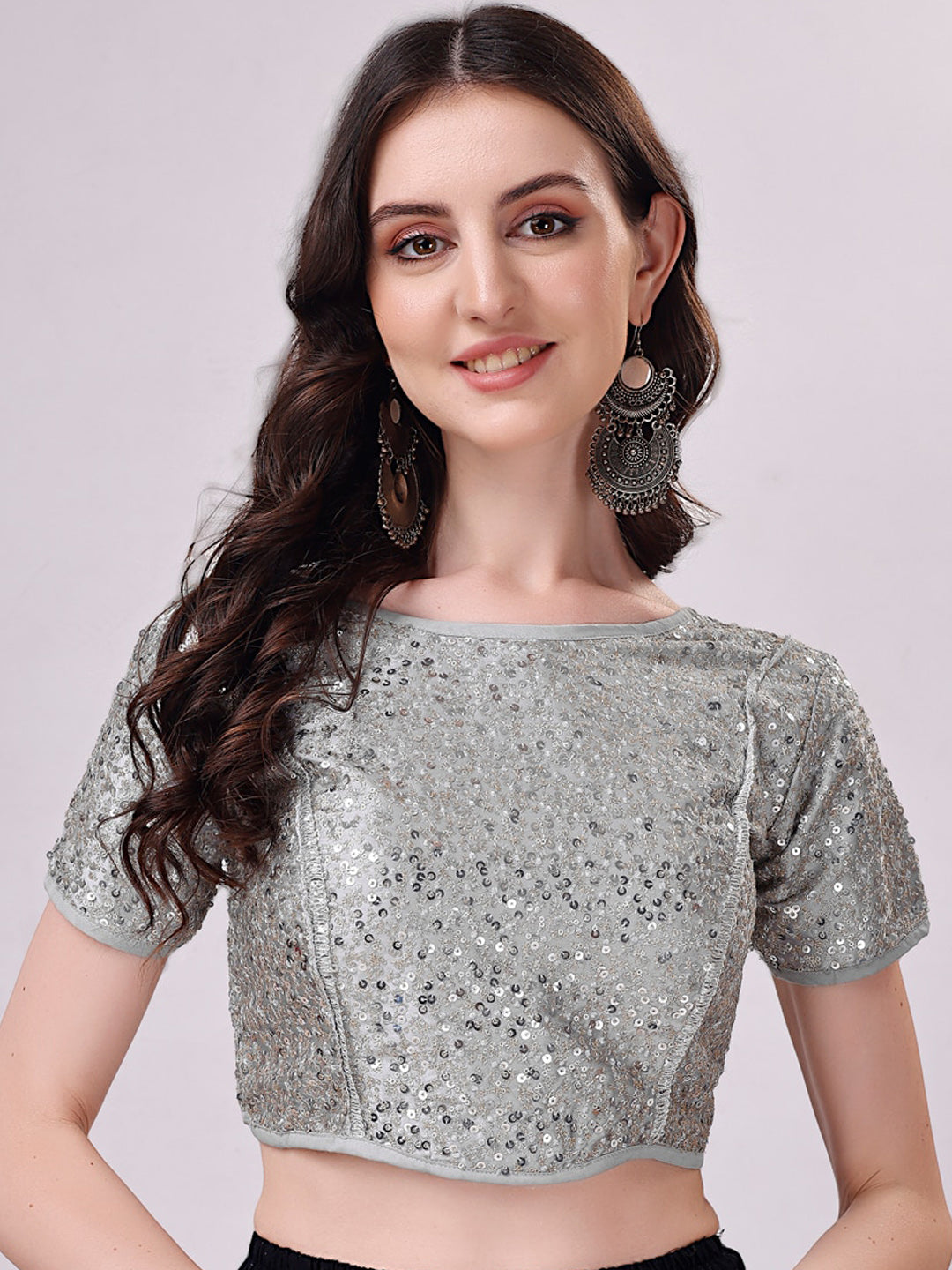 Tikhi Imli Grey Embellished Boat Neck Sequinned Detailed Saree Blouse | Swadesiicart