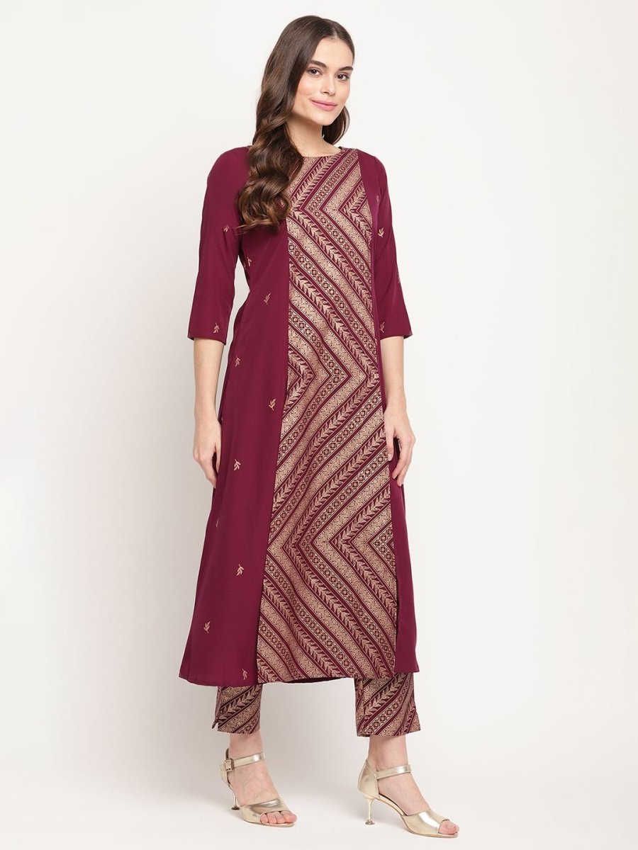 Ahalyaa Women's Wine Crepe Gold Glitter Print Kurta Trouser Set | Swadesiicart