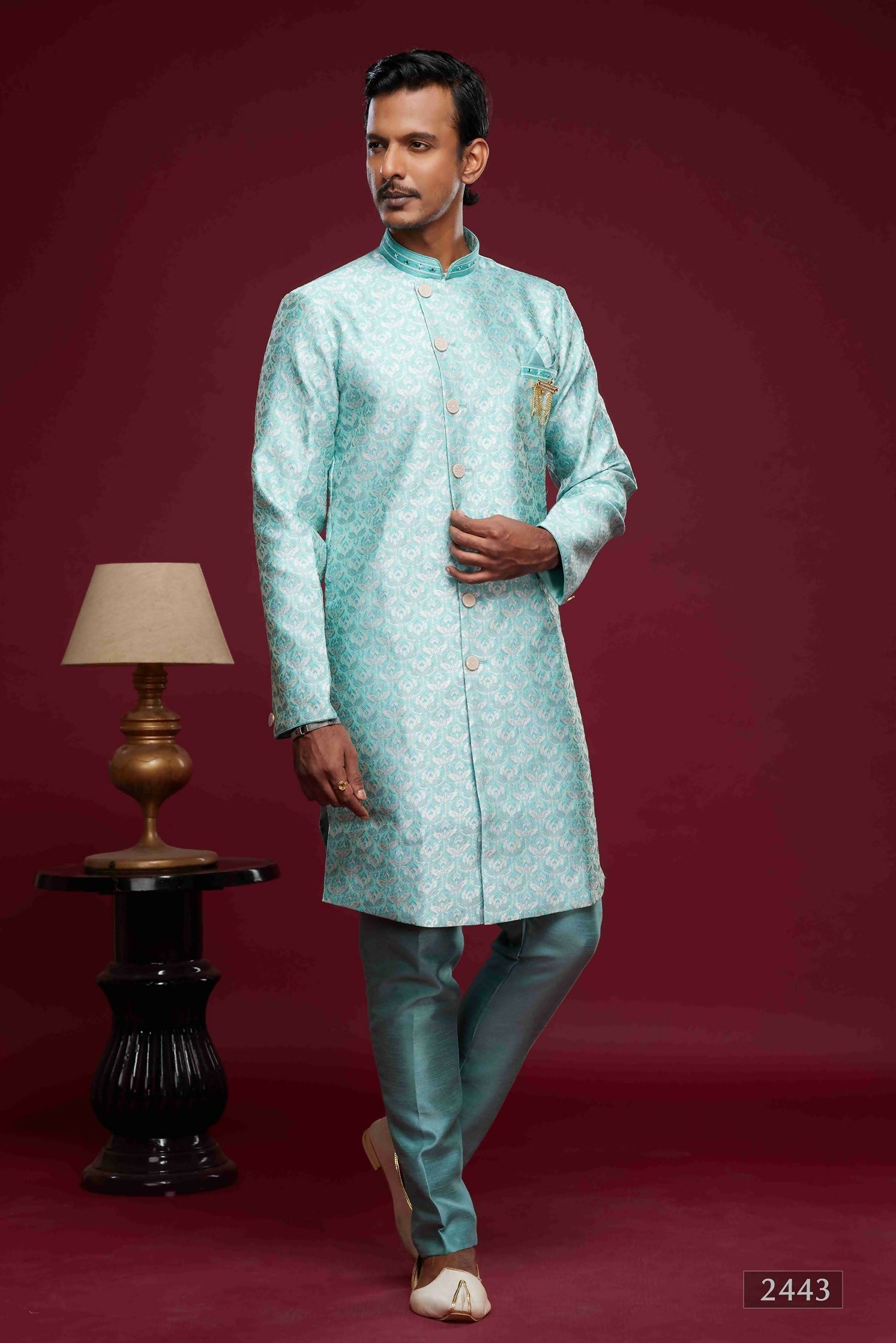 Raivat Ethnic Banarasi Jacquard Embroidery Semi Indo Western Sherwani In Sky Blue Colour | Swadesiicart