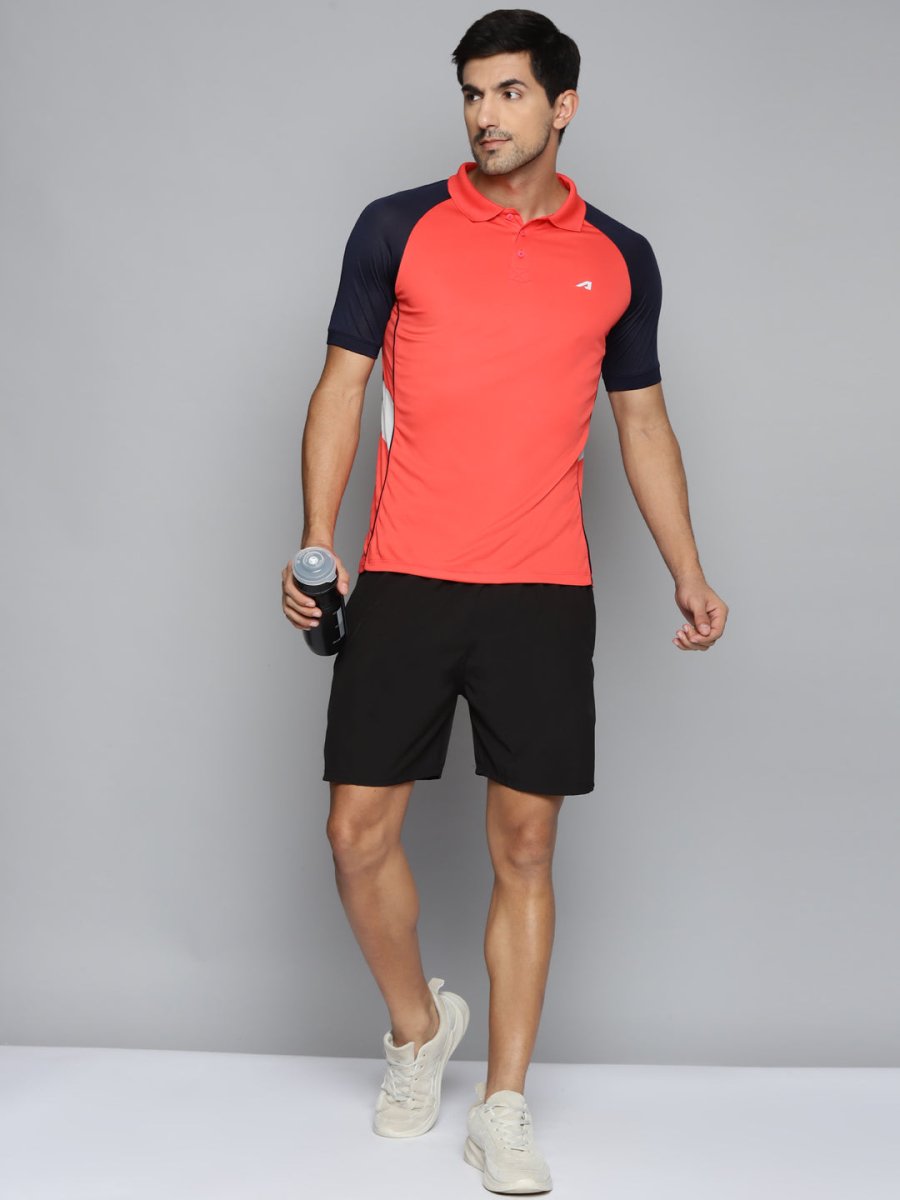 Alcis Men Red & Navy Blue Colourblocked Polo Collar Slim Fit Running T-shirt | Swadesiicart