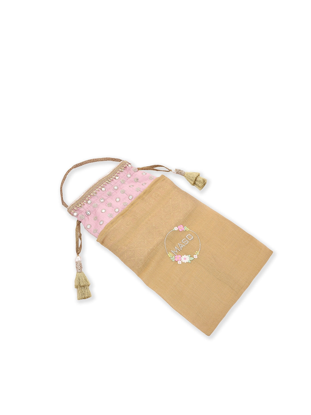 Masq Pink & Gold-Toned Embellished Potli Clutch - Swadesiicart