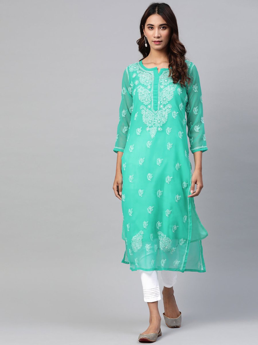 ADA Women Sea Green & White Chikankari Embroidered Kurta with Trousers | Swadesiicart