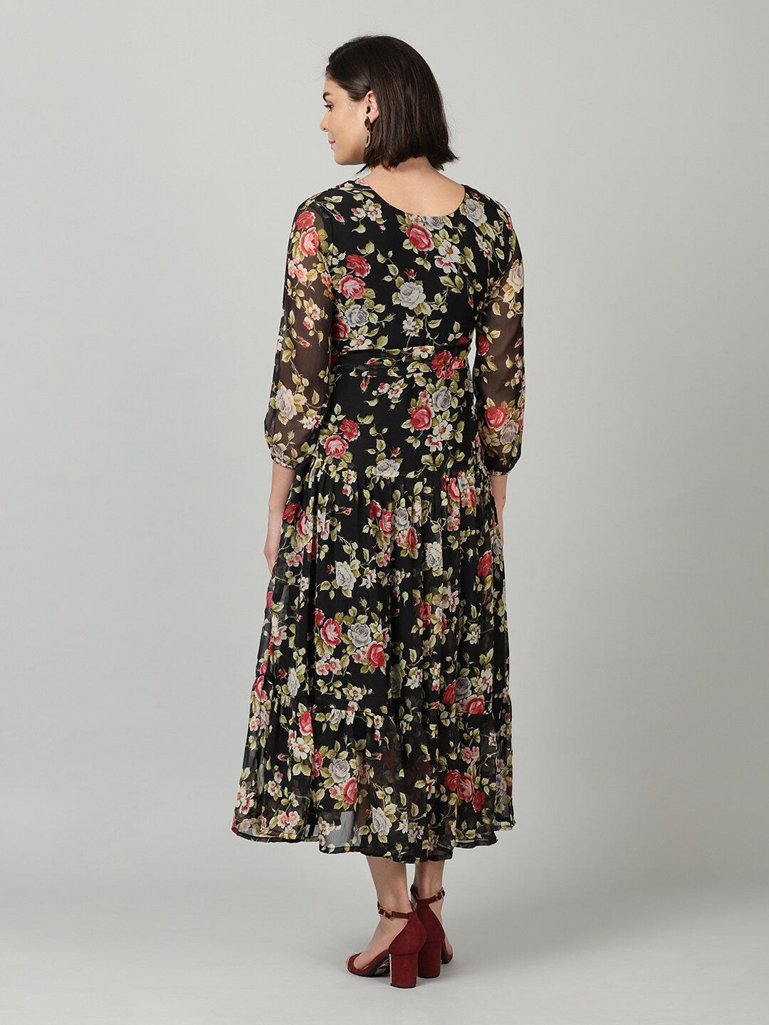 Souchii Black & Pink Floral Chiffon Midi Dress - Swadesiicart