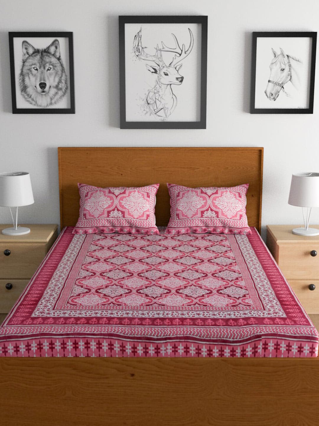 Urban Magic Pink Printed Cotton 104 TC King Bedsheet with 2 Pillow Covers - Swadesiicart