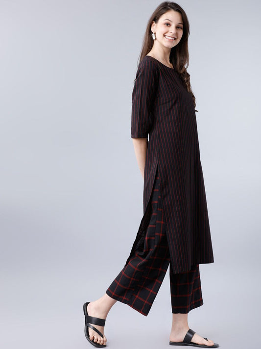 Vishudh Women Black & Red Striped A-Line Kurta - Swadesiicart
