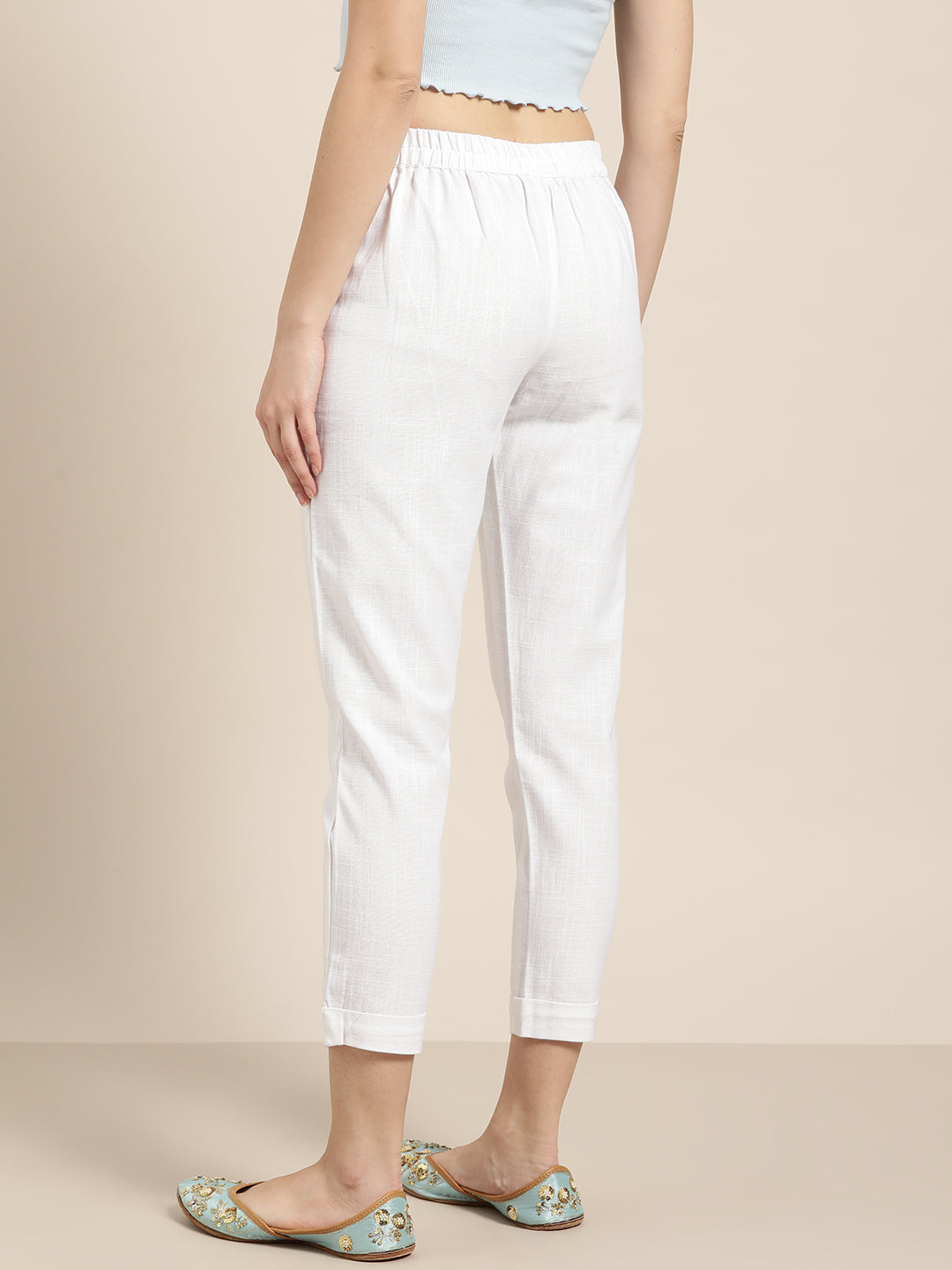 Jaipur Kurti Women White Regular Cropped Trousers | Swadesiicart