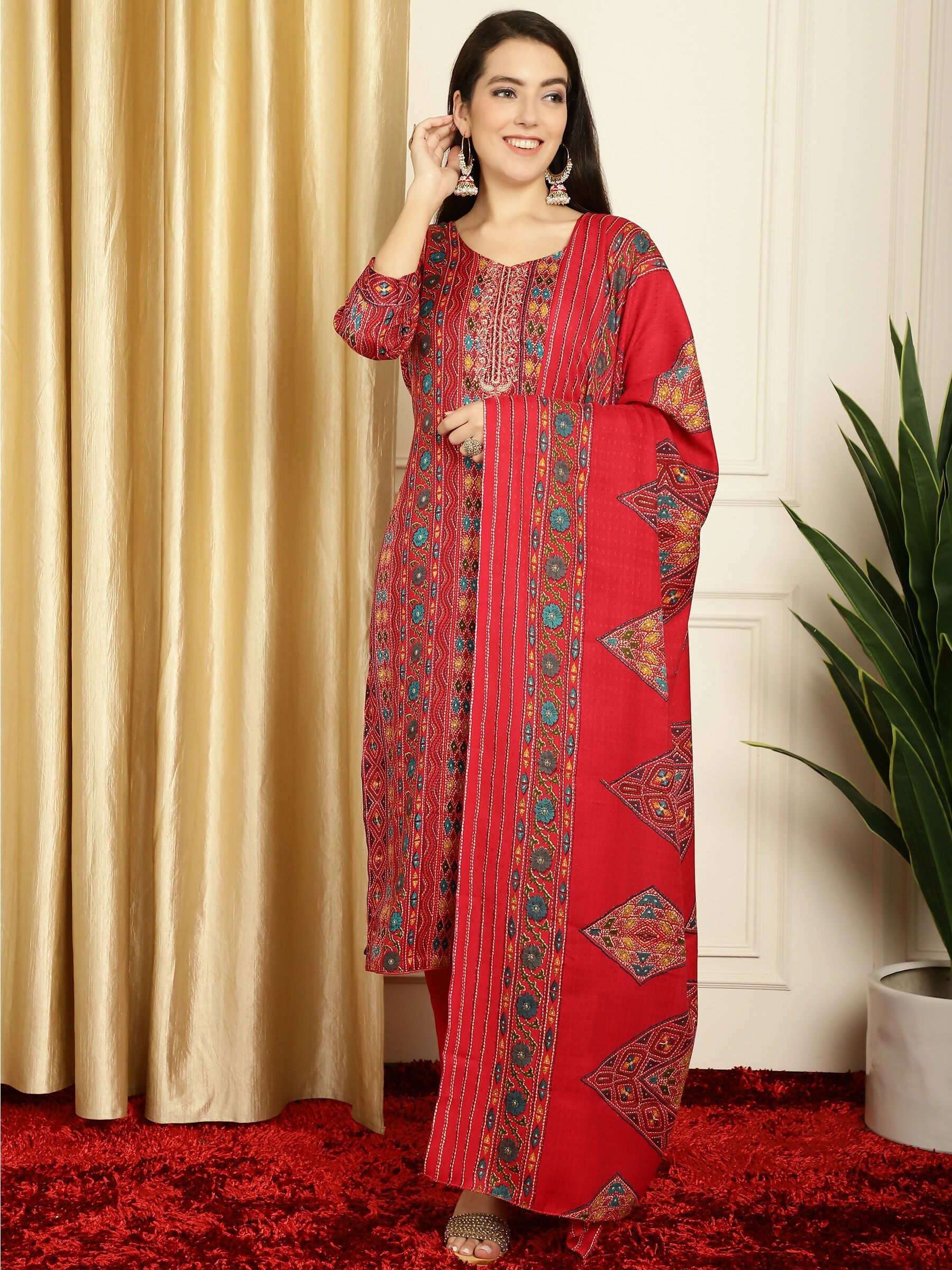 Jyoti Fashion Women's Red Pashmina Floral Digital Printed Kurta with Trouser & Dupatta | Swadesiicart