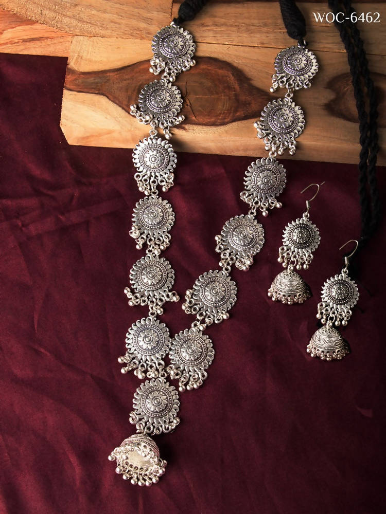 Mominos Fashion Johar Kamal Oxidised Silver Long Necklace Set | Swadesiicart