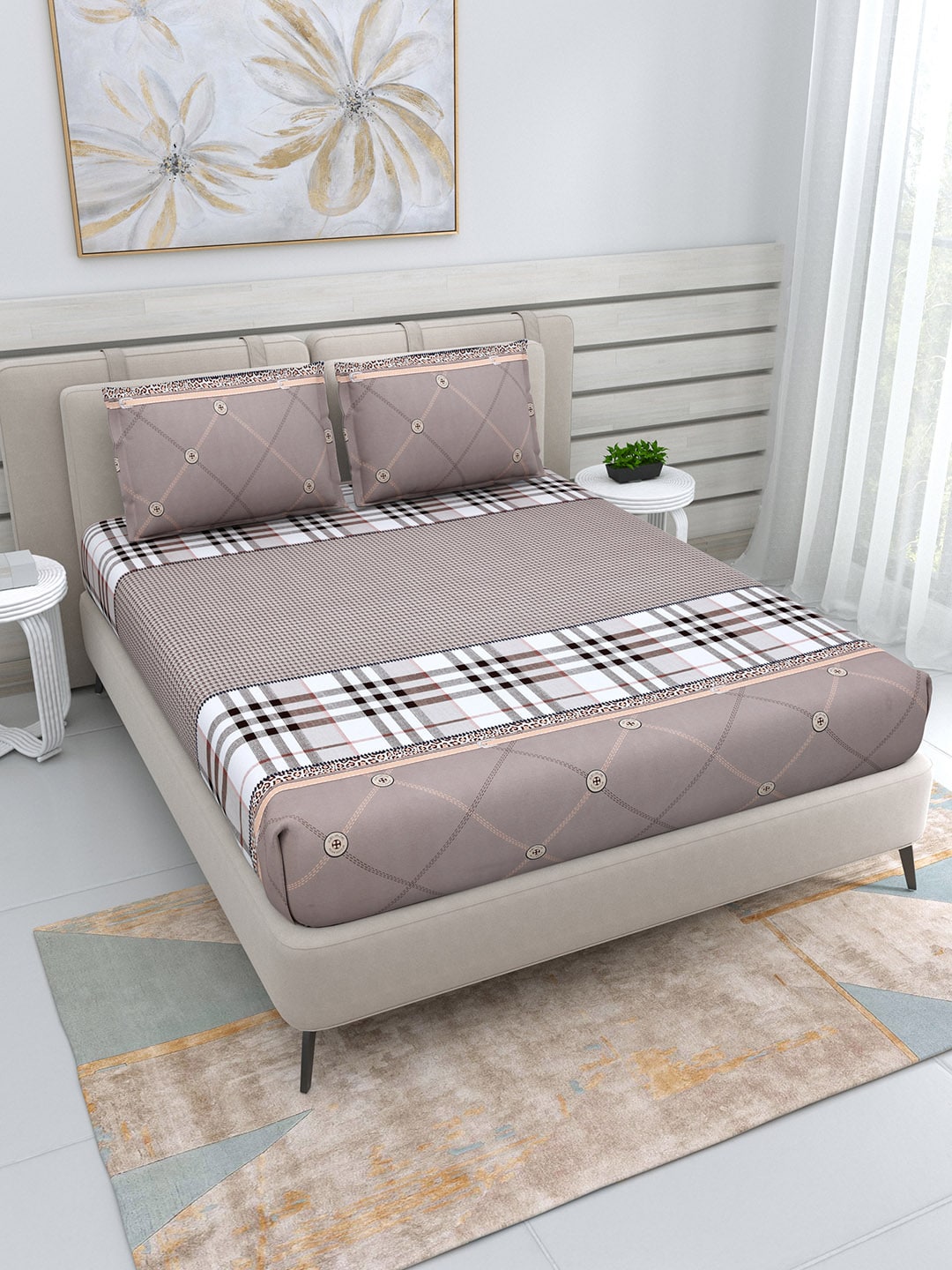 DREAM WEAVERZ Beige Checked 220 TC Glazed Cotton Bedsheet with Pillow Covers - Swadesiicart