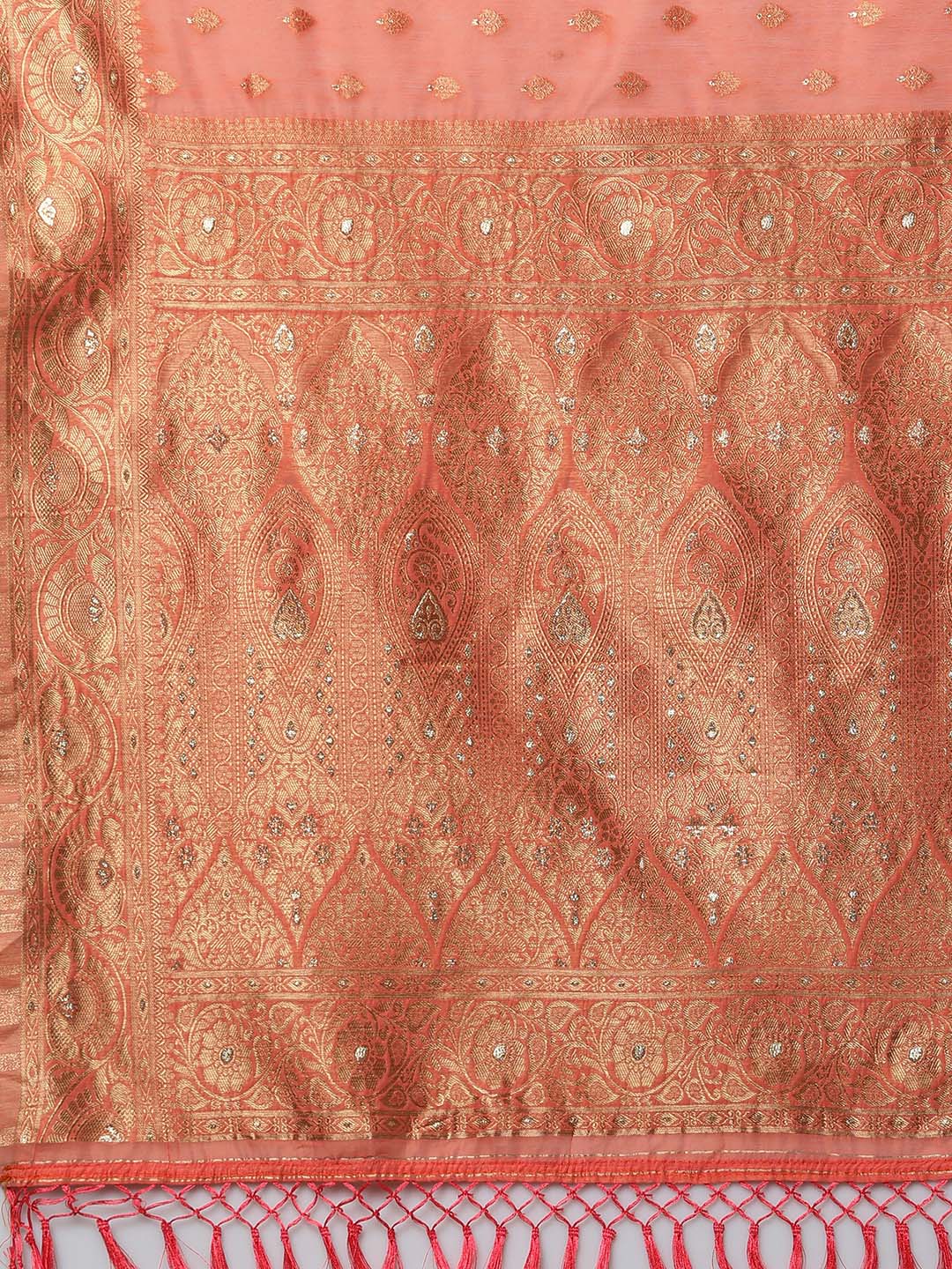 Mitera Peach-Coloured & Gold Floral Woven Design Silk Blend Banarasi Saree | Swadesiicart