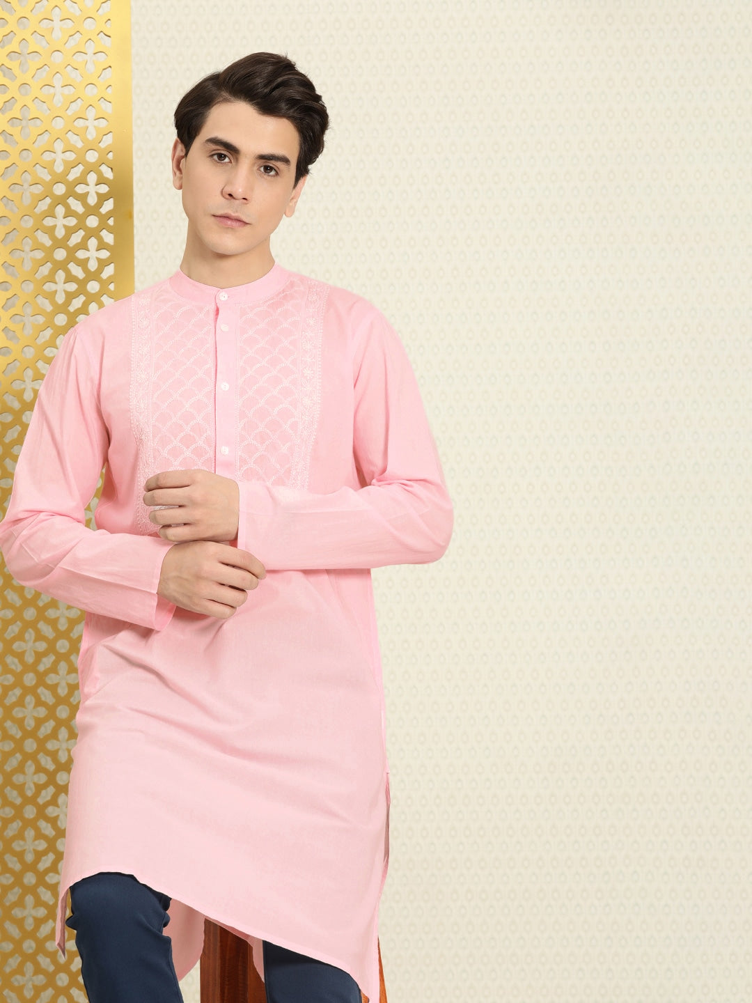House of Pataudi Men Chikankari Yoke Design Pastels Pure Cotton Rozana Kurta | Swadesiicart