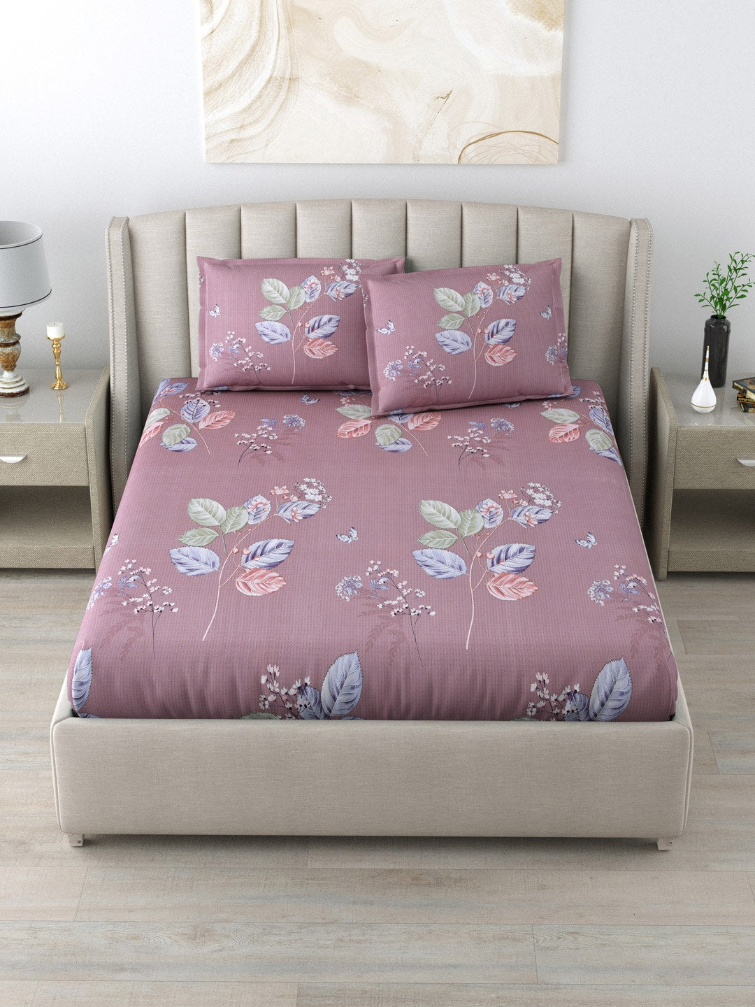 DREAM WEAVERZ 220 TC Pink & Blue Floral Glazed Cotton King Bedsheet with 2 Pillow Covers - Swadesiicart