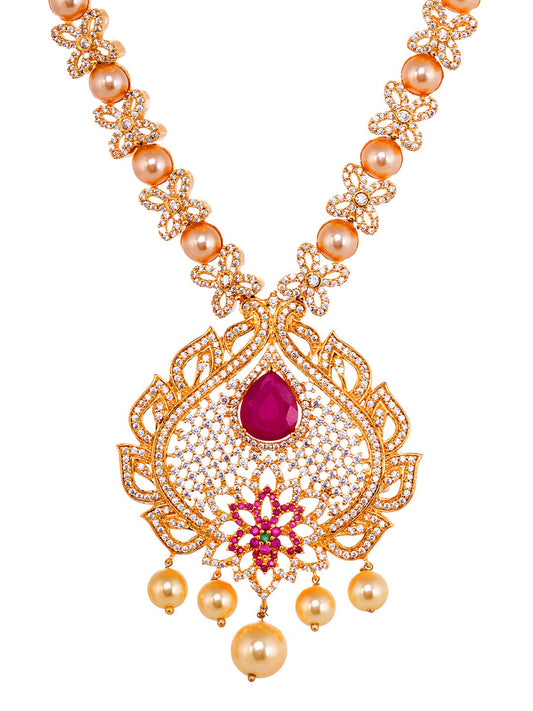 Saraf RS Jewellery Gold-Polished White & Pink American Diamond Studded & Beaded Handcrafted Jewellery Set - Swadesiicart