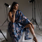 Tikhi Imli Blue Floral Printed Satin Ruffles Saree | Swadesiicart