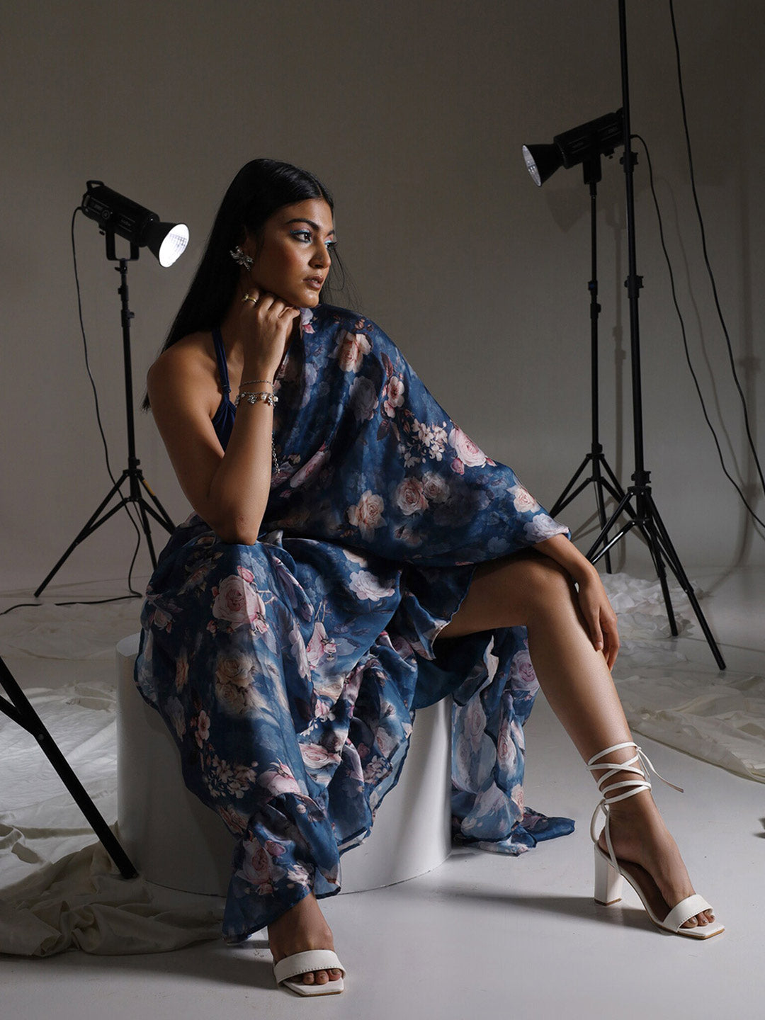 Tikhi Imli Blue Floral Printed Satin Ruffles Saree | Swadesiicart