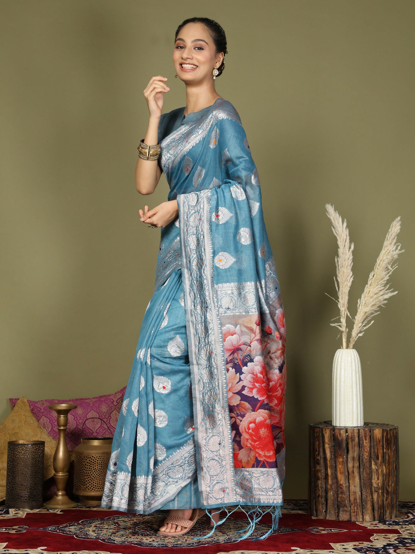 Shree Shyam Fashion Linen Cotton Sky Blue Saree