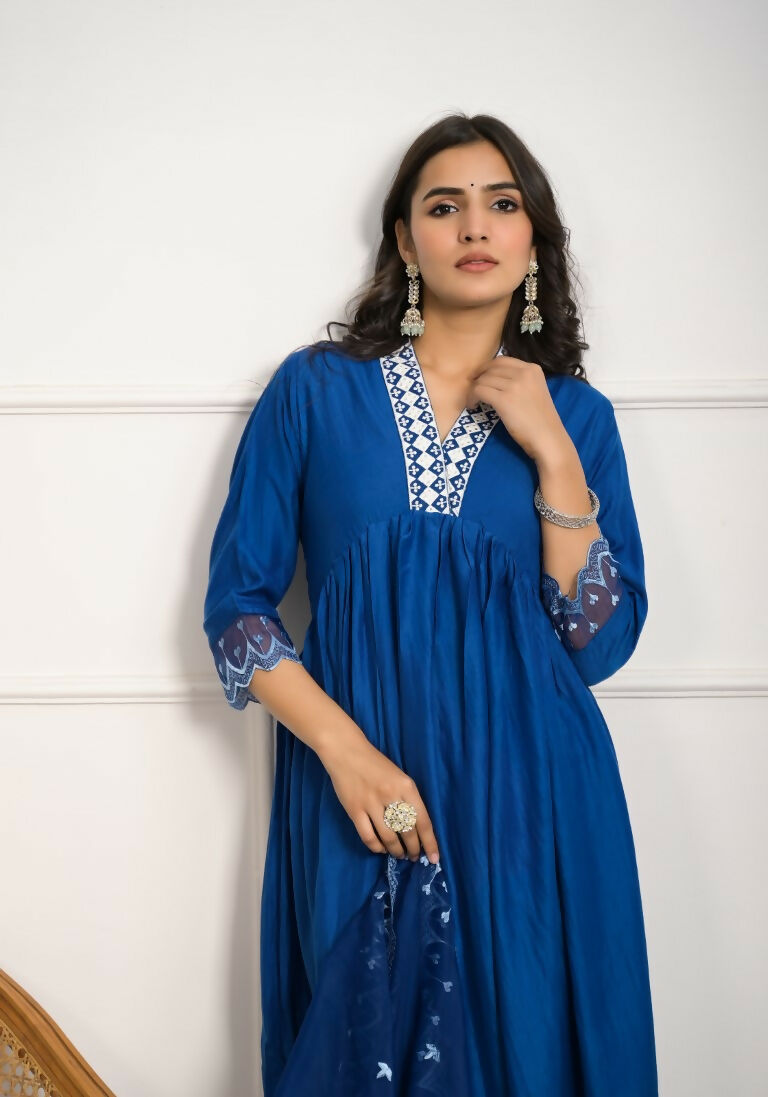 Festive Wear Ethnic Blue Silk wih cotton inner Stitched Suit With Dupatta - Tanisha | Swadesiicart