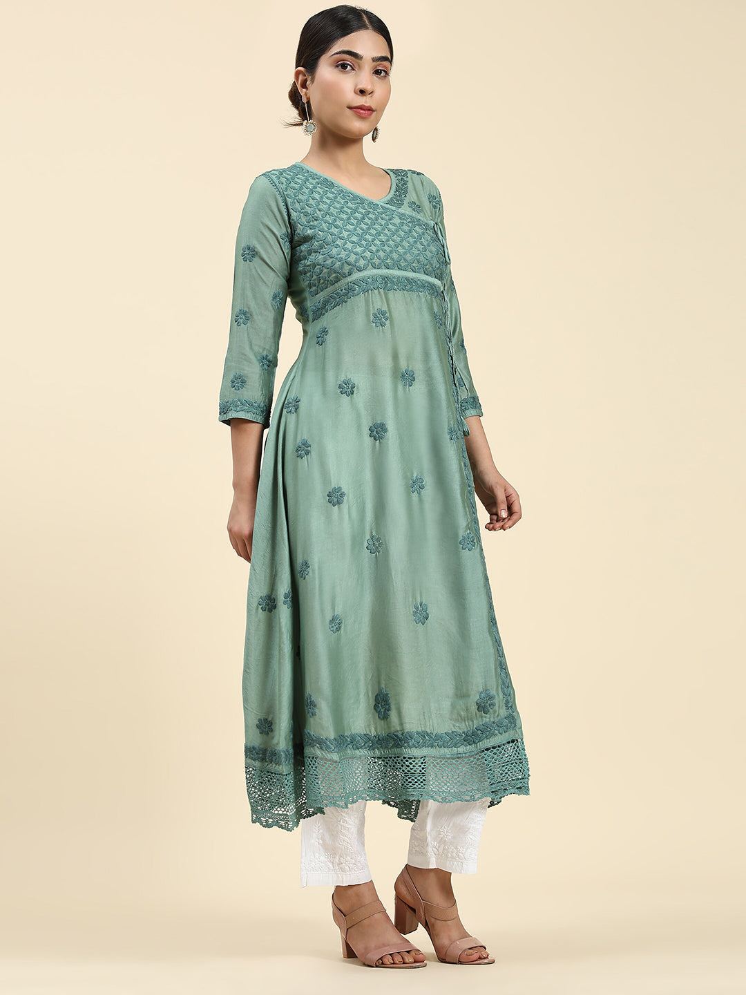 HOUSE OF KARI Embroidered Chikankari Chanderi Silk Anarkali Kurta | Swadesiicart