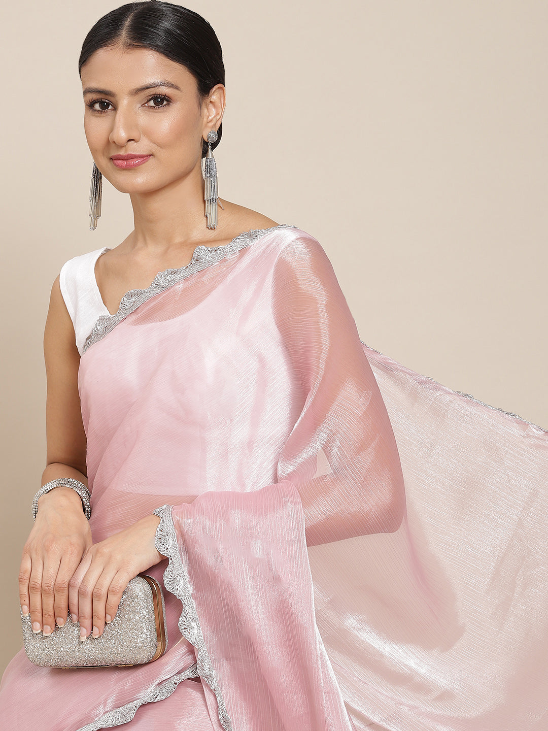 Tikhi Imli Pink Solid Embellished Border Saree | Swadesiicart