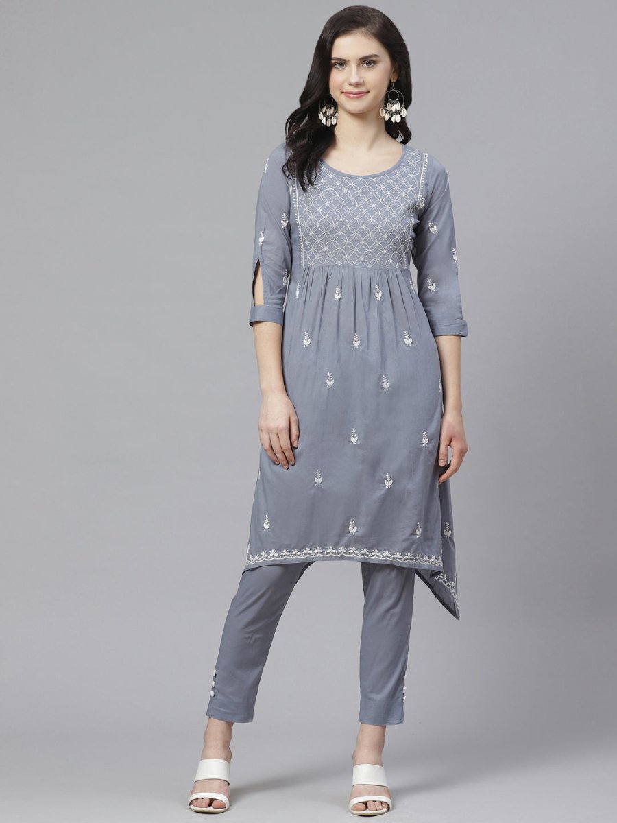 ADA Women Grey & White Chikankari Embroidered Sustainable Handloom Kurta with Trousers | Swadesiicart