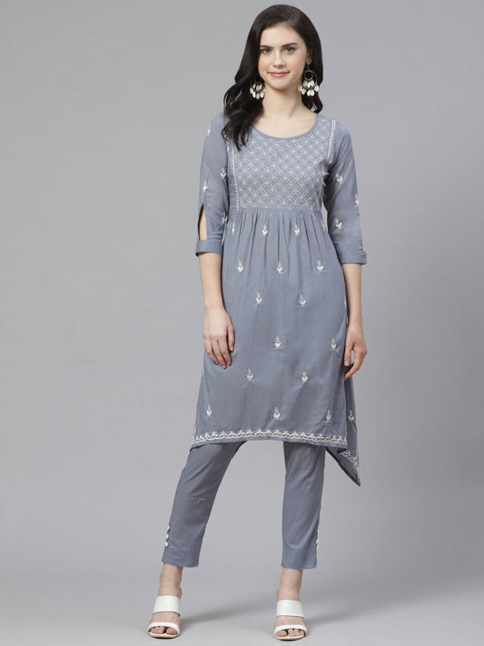 ADA Women Grey & White Chikankari Embroidered Sustainable Handloom Kurta with Trousers | Swadesiicart