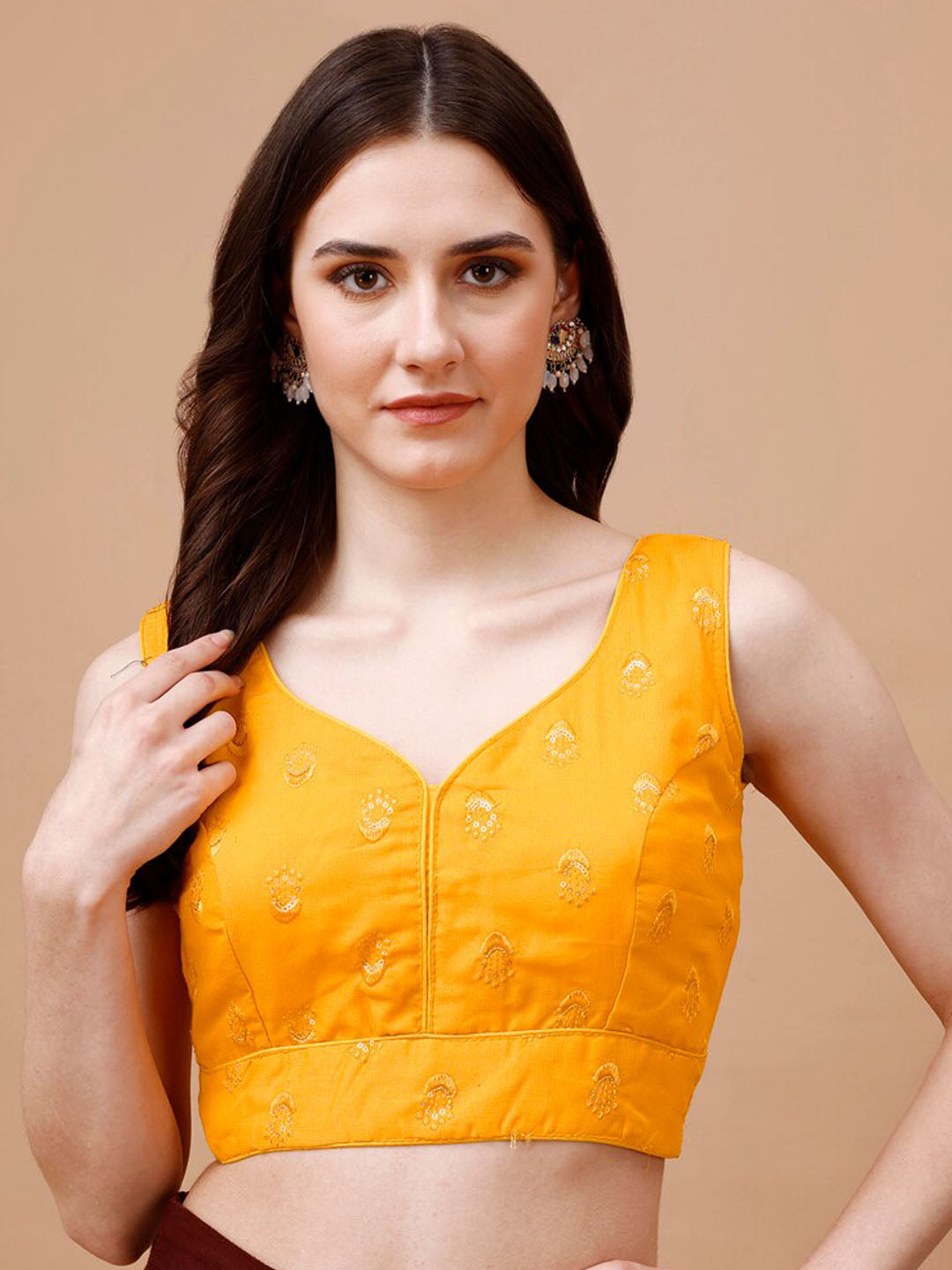 Tikhi Imli Ethnic Motifs Embroidered Sequinned Sleeveless Dupion Saree Blouse | Swadesiicart