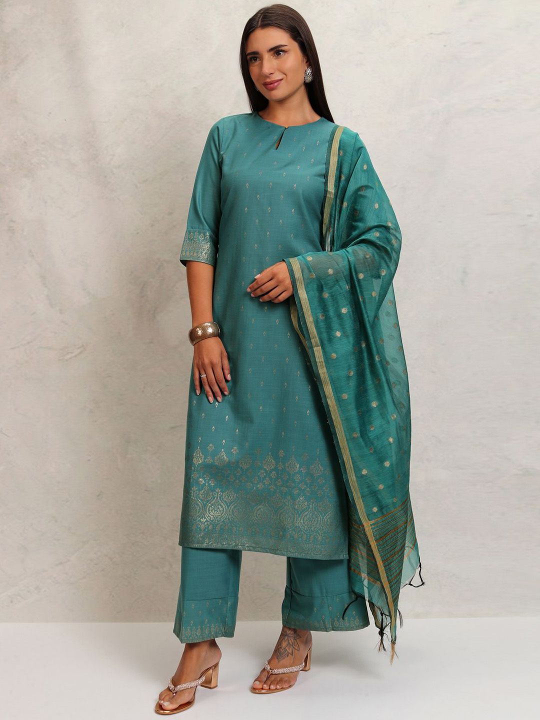 Vishudh Ethnic Motifs Printed Keyhole Neck Straight Kurta With Palazzos & Dupatta - Swadesiicart