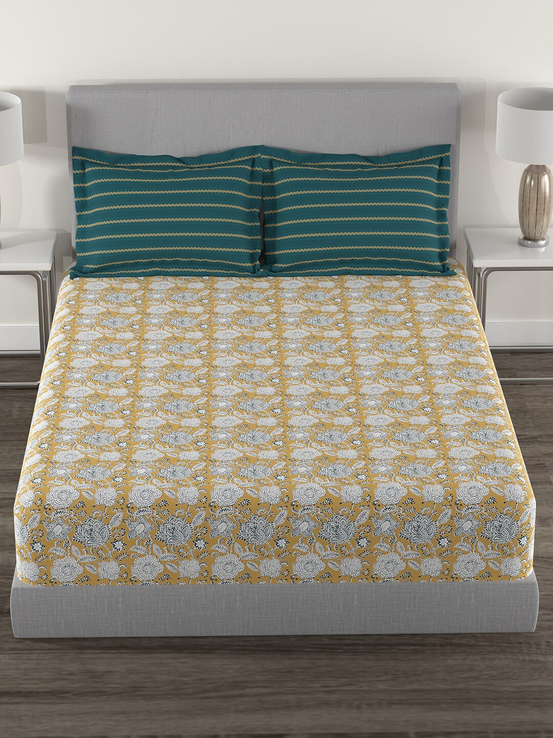 MYTRIDENT Mustard White Floral Cotton 144 TC Queen Bedsheet With 2 Pillow Covers - Swadesiicart