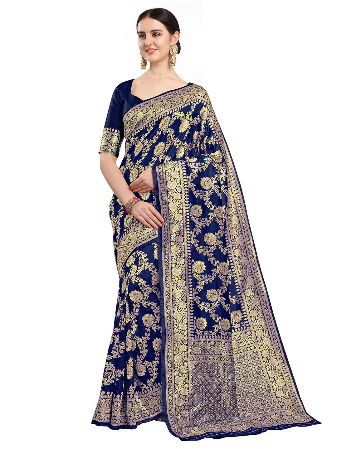 Kalini Navy Blue & Gold-Toned Woven Design Zari Silk Blend Fusion Banarasi Saree | Swadesiicart