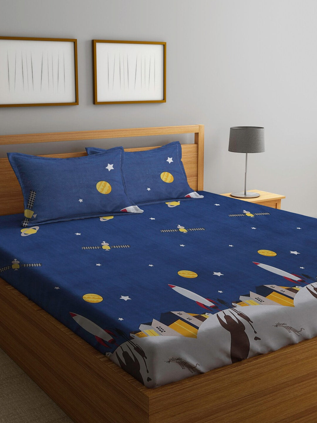 Home Sizzler Blue & Yellow Cartoon Characters 144 TC Bedsheet with Pillow Covers - Swadesiicart