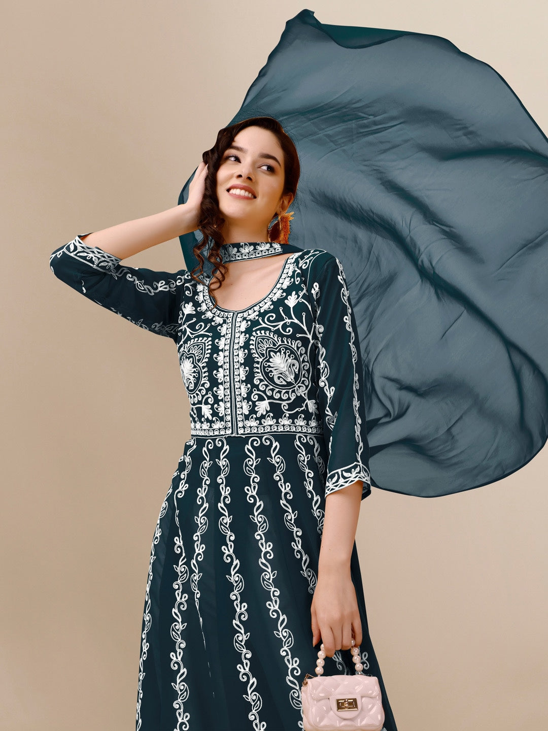 HERE&NOW Teal & White Ethnic Motifs Embroidered Chikankari Kurta & Dupatta | Swadesiicart