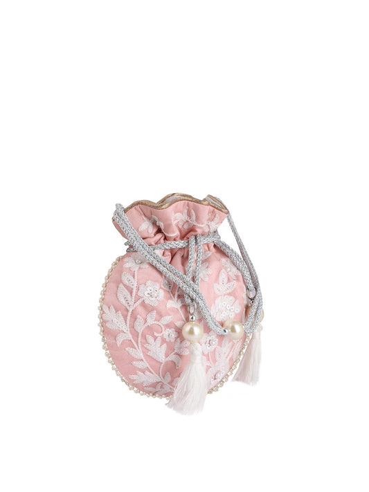Masq Pink & White Embellished Embroidered Potli Clutch - Swadesiicart