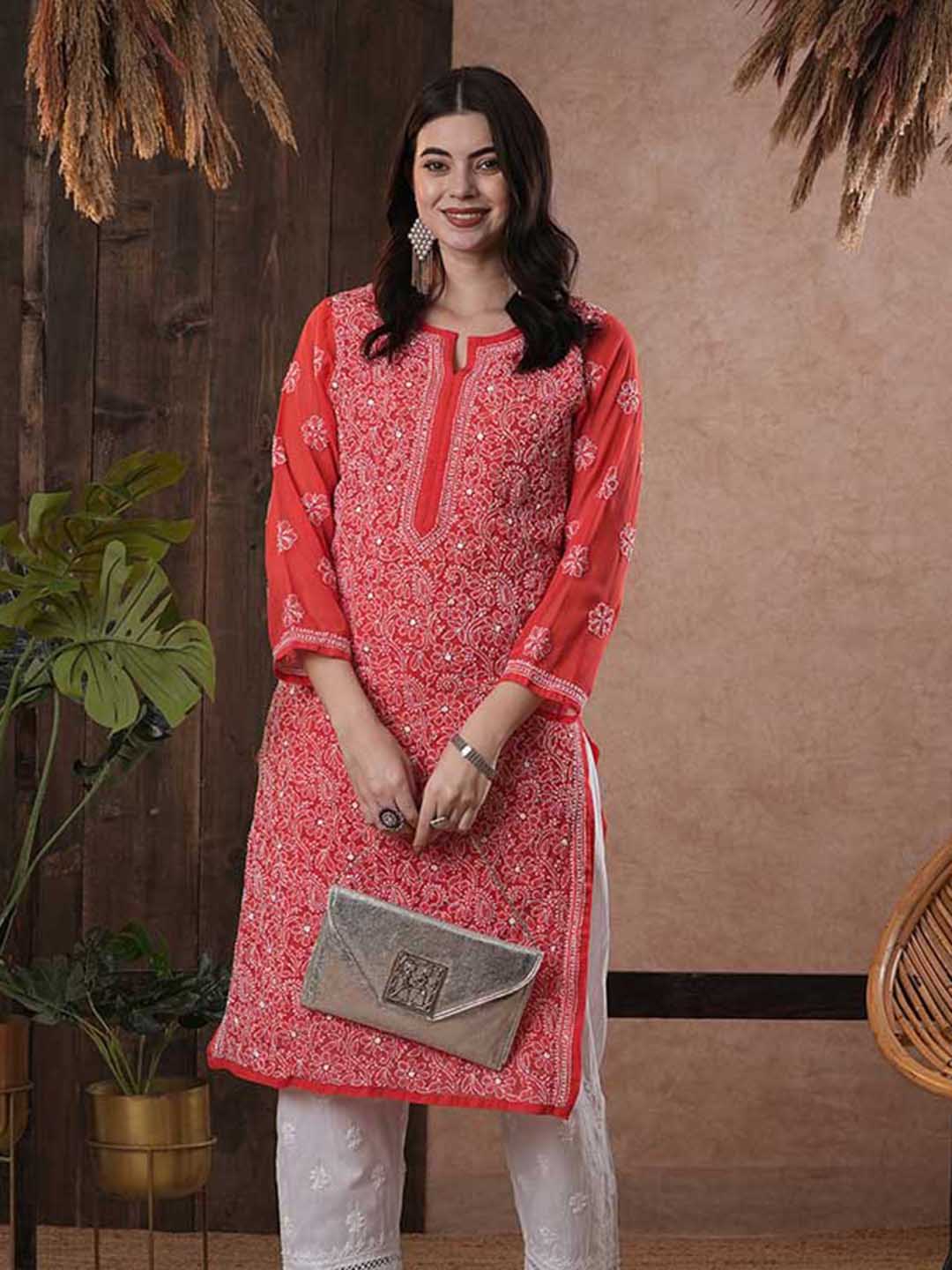 ADA Women Red & White Chikankari Hand Embroidered Semi-Sheer Straight Sustainable Handloom Kurta | Swadesiicart