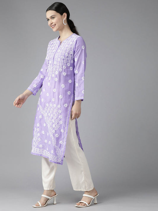 ADA Women Mauve & White Ethnic Motifs Embroidered Chikankari Kurta | Swadesiicart