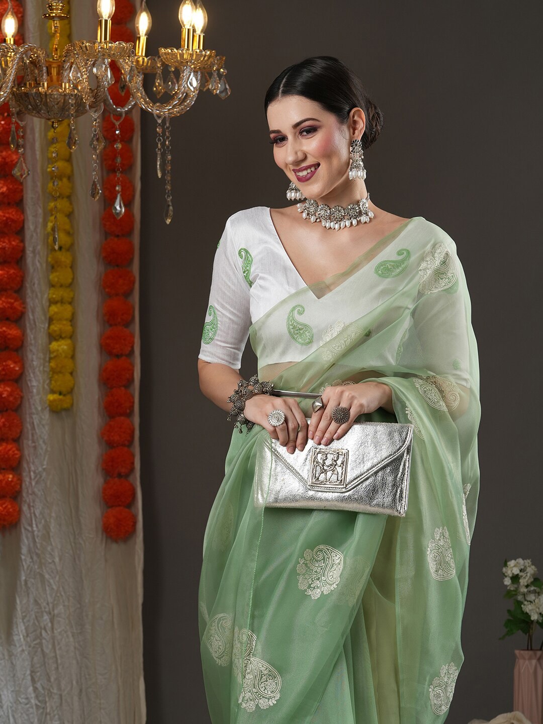 Saree Mall Olive Green & White Paisley Embroidered Organza Banarasi Sarees | Swadesiicart