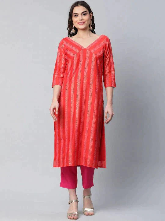 Ahalyaa Women Red Striped Kurta with Trousers | Swadesiicart