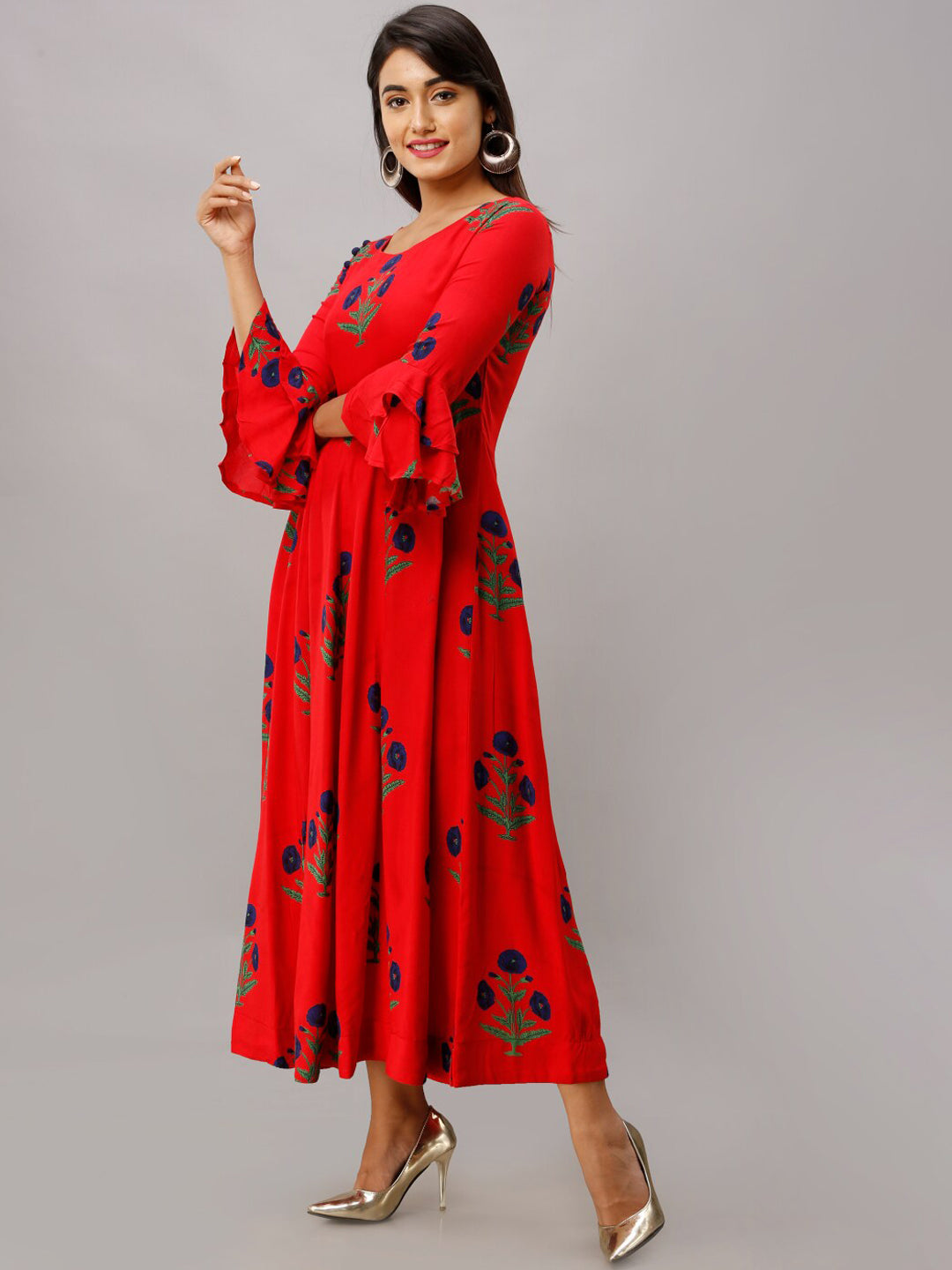 Kalini Women Red Floral Embroidered Flared Sleeves Anarkali Kurta | Swadesiicart