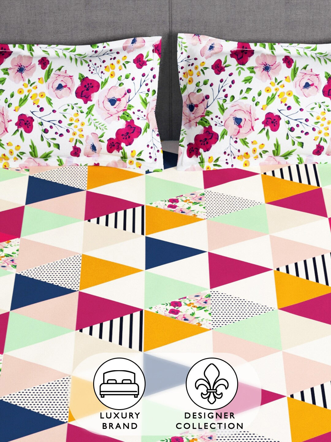 Story@home Arena Pink & Green Geometric Printed 180 TC Queen Bedsheet & 2 Pillow Covers - Swadesiicart