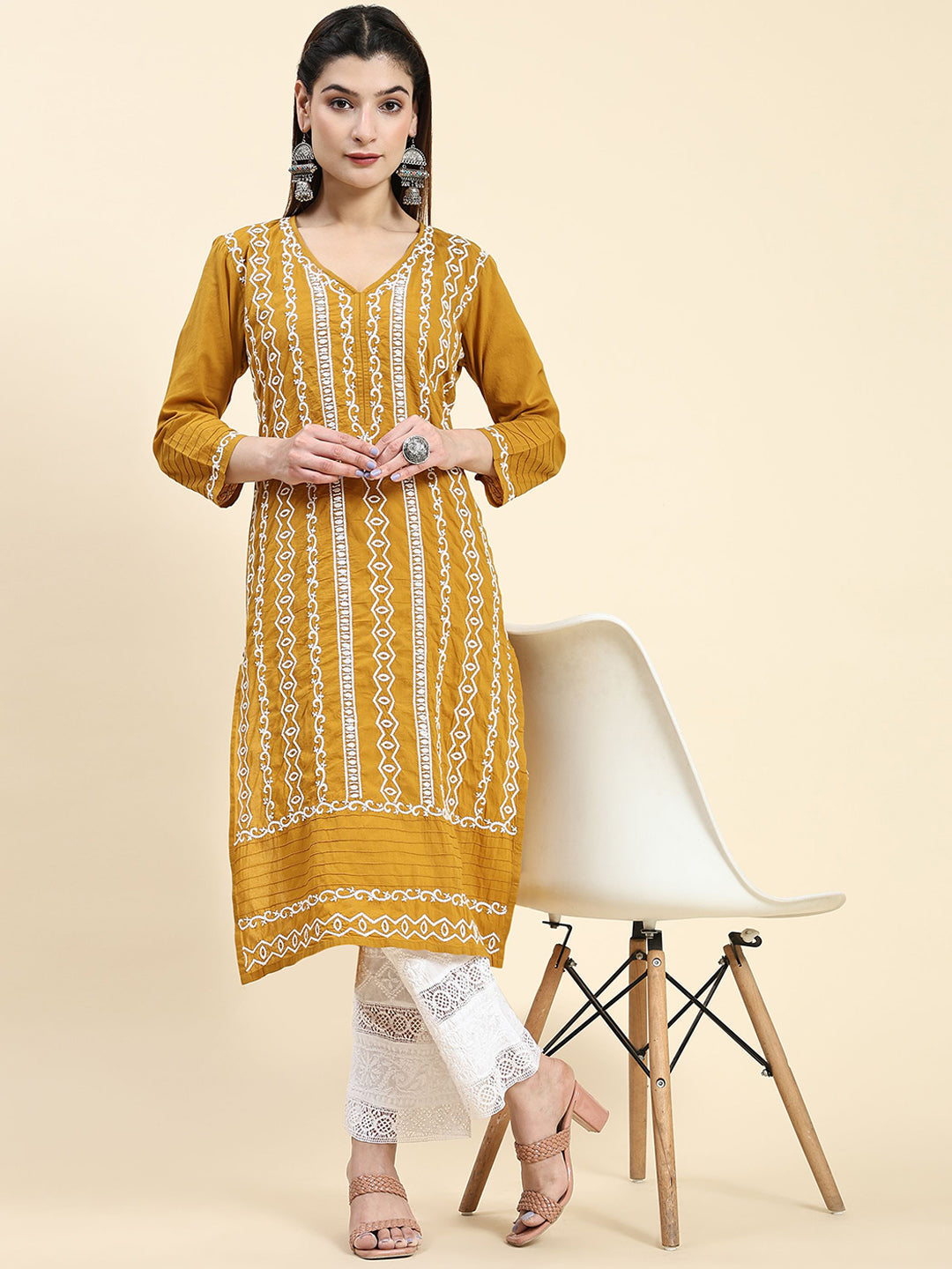HOUSE OF KARI Ethnic Motifs Embroidered Chikankari Cotton Kurta | Swadesiicart