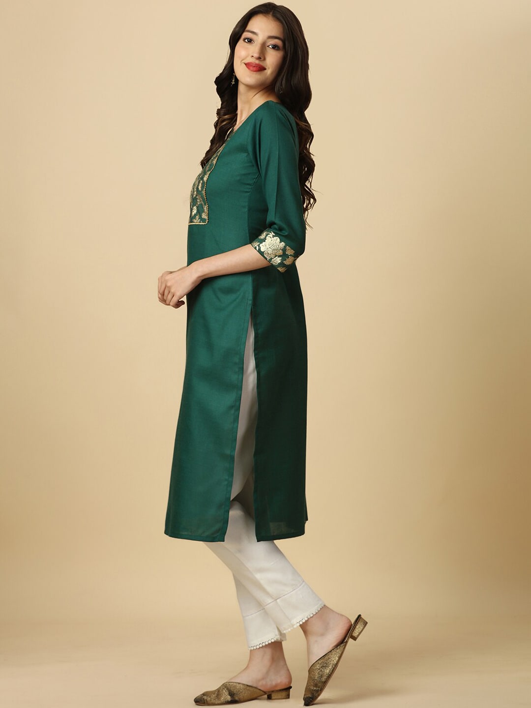 HERE&NOW Green Floral Yoke Design Gotta Patti Kurta - Swadesiicart