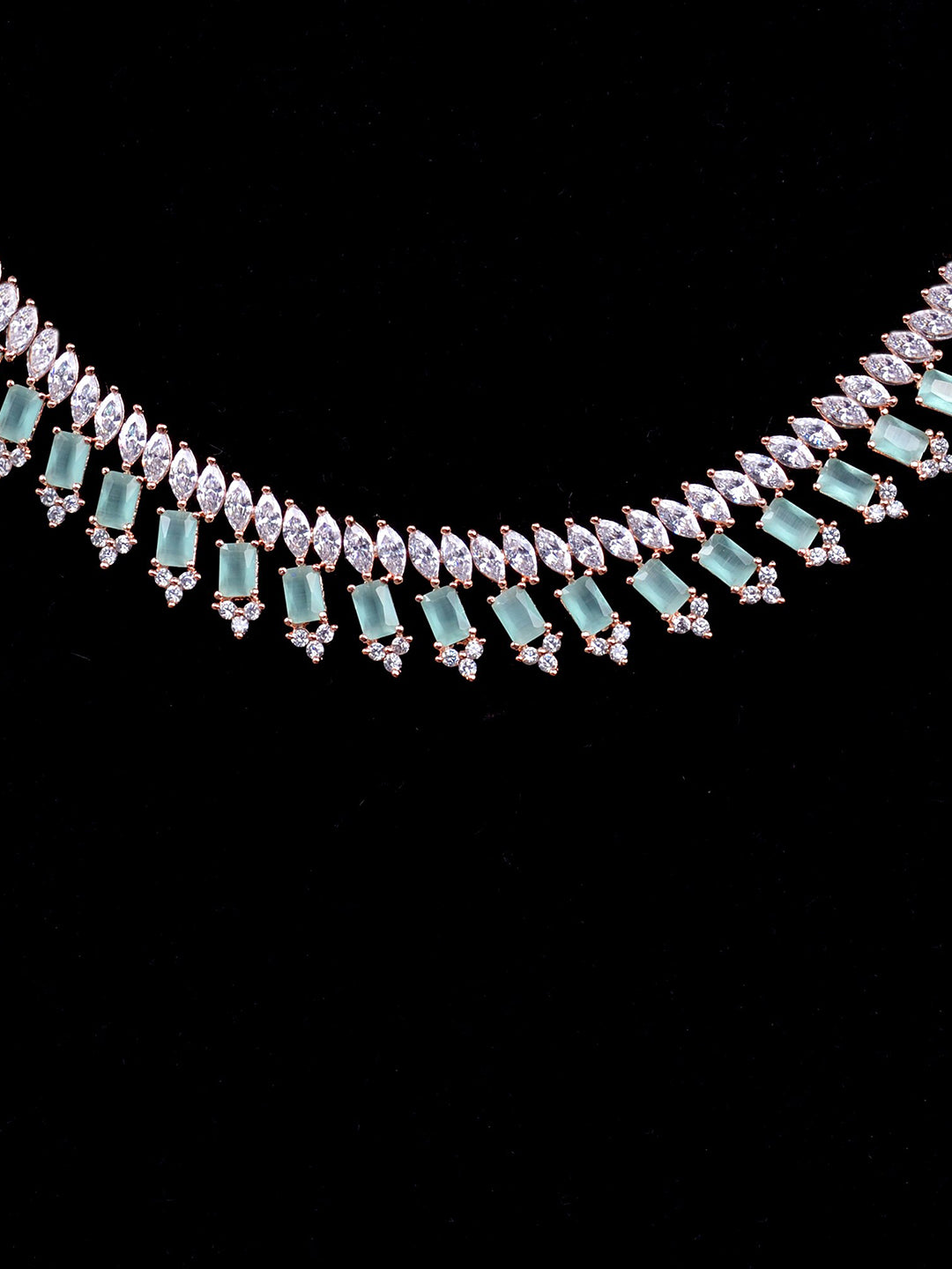 Saraf RS Jewellery Sea Green & Rose Gold-Polished American Diamond Studded Jewellery Set - Swadesiicart