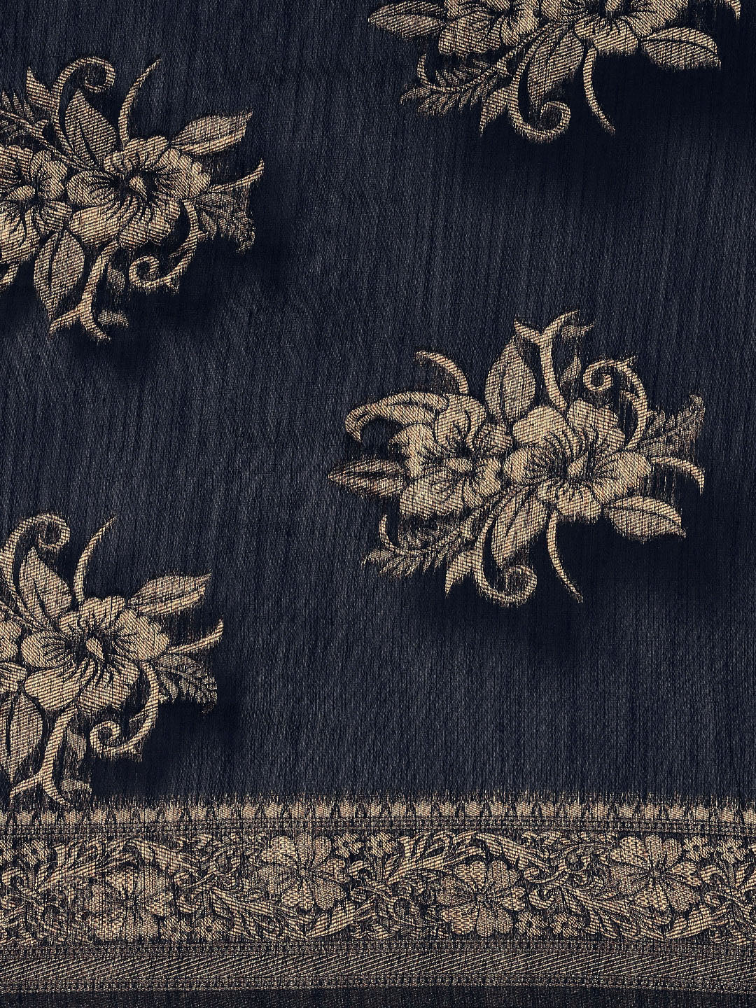 Saree Mall Navy Blue Floral Linen Blend Banarasi Saree | Swadesiicart