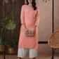 ADA Women Peach-Coloured Chikankari Hand Embroidered Straight Kota Handloom Kurta With Matching Slip | Swadesiicart